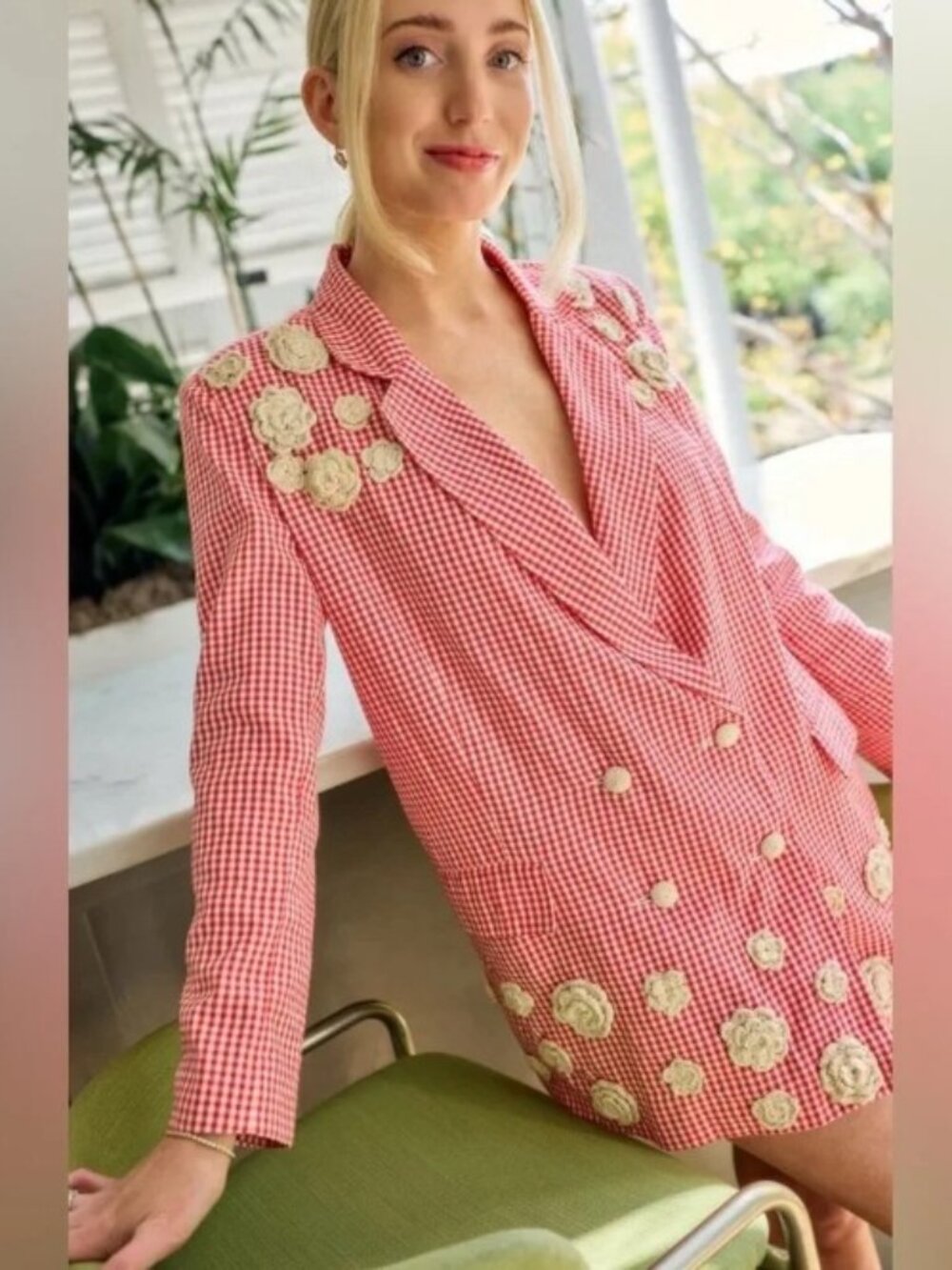Eddy x Rainey Collab Red Gingham Blazer with rosettes